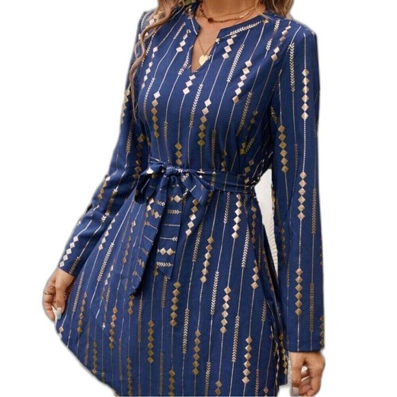 Women's Navy Blue Gold V-Neck Striped Party/Cocktail Dresses Size Medium - Picture 1 of 5